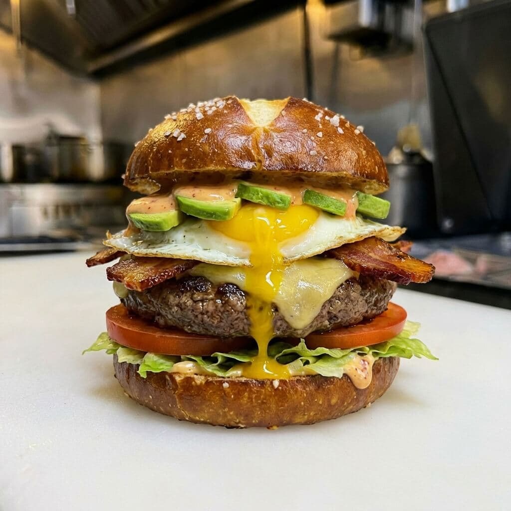 Blink-182 burger with egg, gouda, avocado and bacon