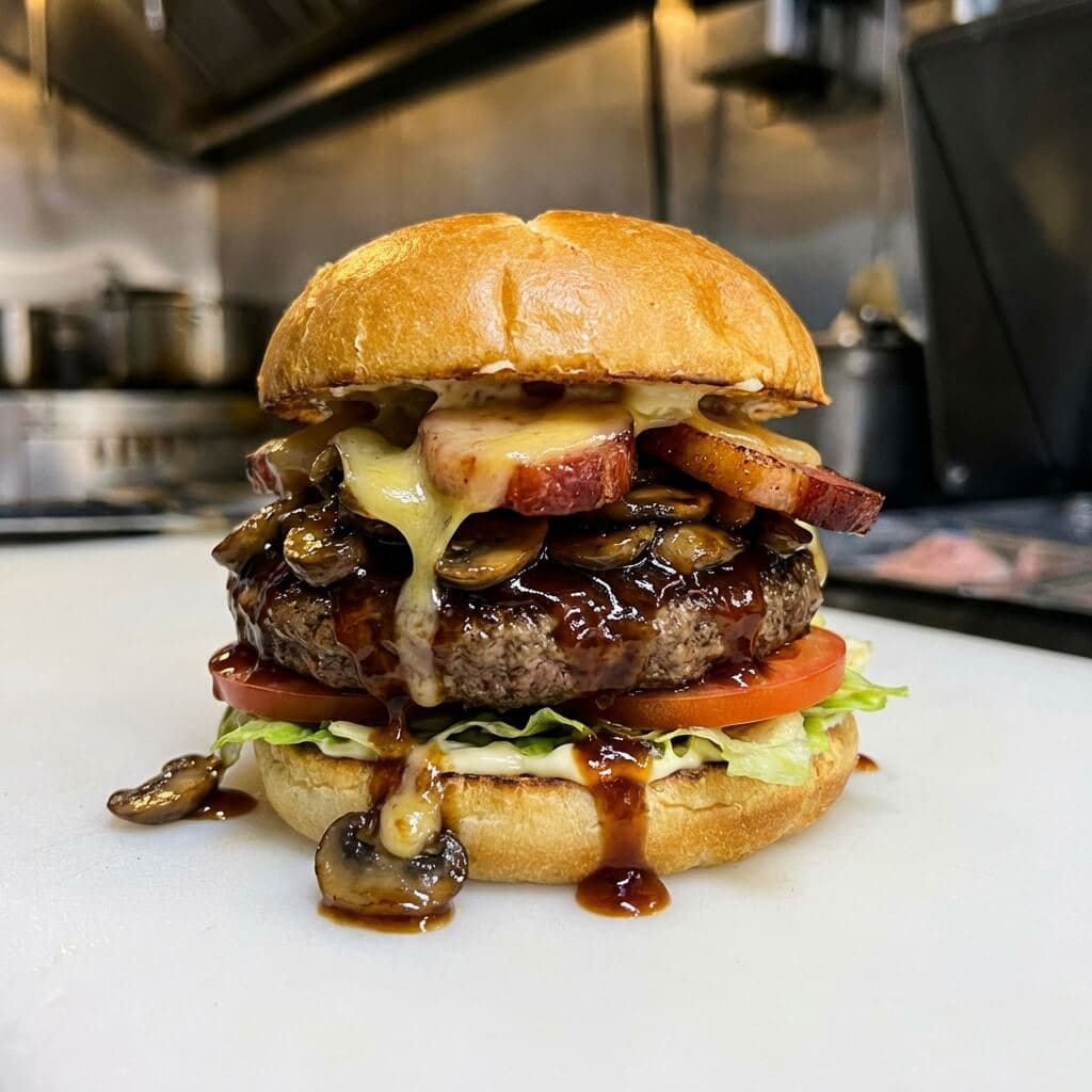 Frank Sinatra burger with mushrooms, gouda and bacon