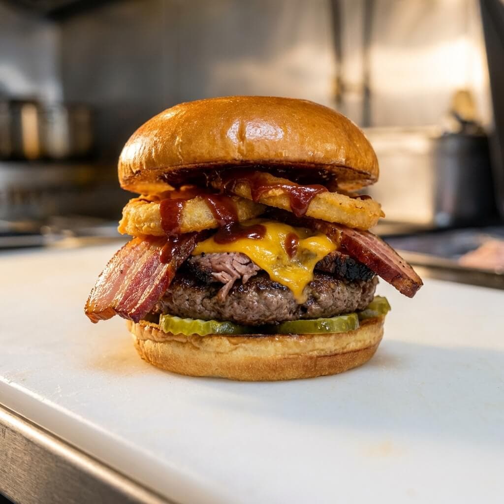 George Strait burger with brisket, bacon, cheddar and onion rings