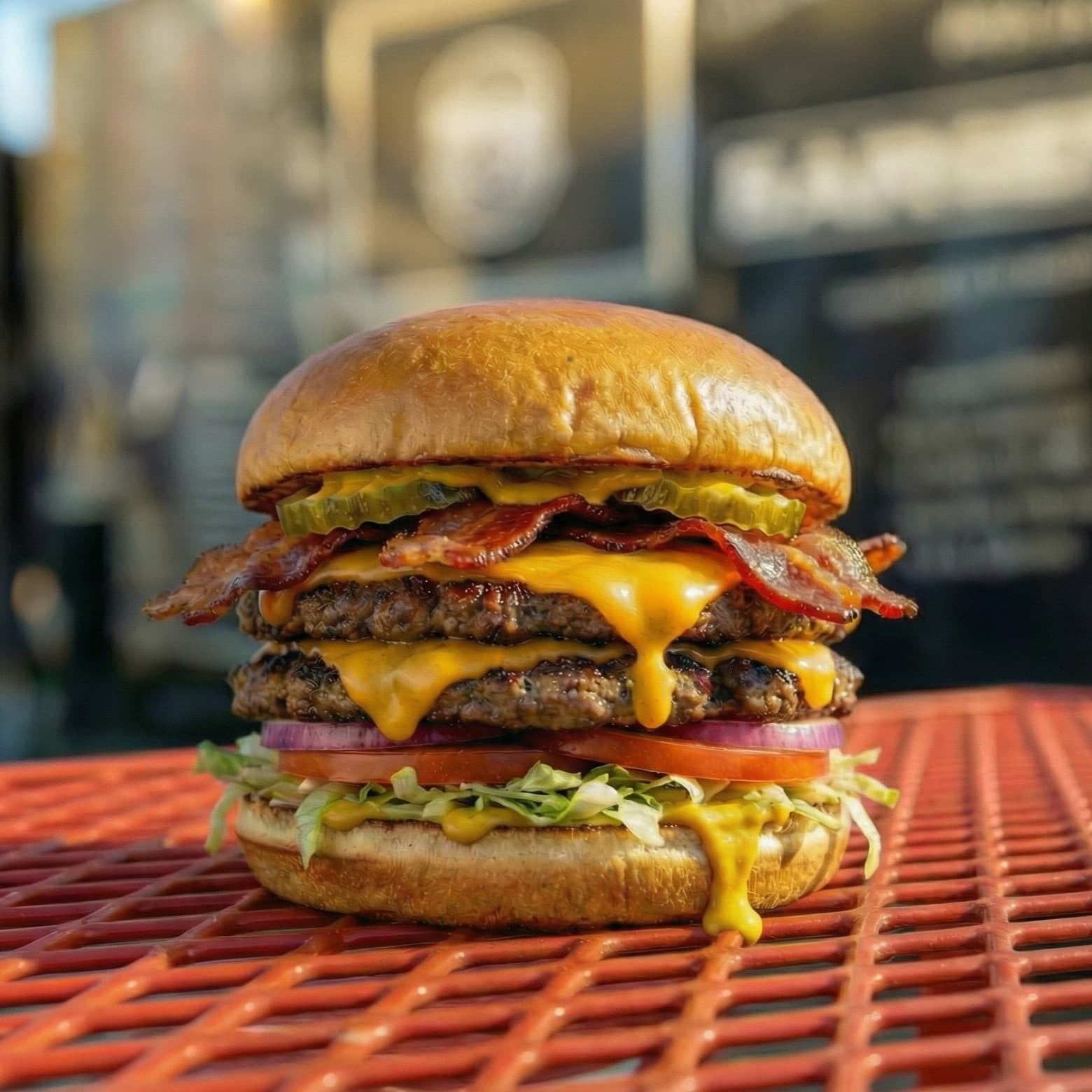 Double Burgertology cheeseburger stacked with bacon, pickles, onion, lettuce and tomato